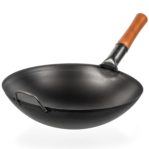 Yosukata Wok Padella Professionale 36 Cm- Tradizionale Wok Fondo Tondo In Acciaio Al Carbonio Precondizionato -Wok Cinese Originale - Pentola Wok Gran