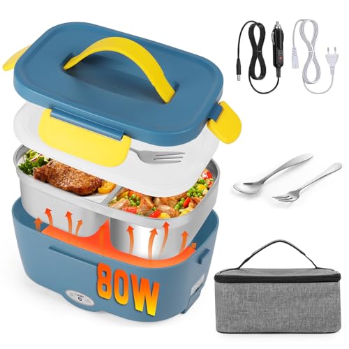 80W Scaldavivande Elettrico Portatile Elettrico Portatile Lunch Box 12V 24V 220V 1,5L Contenitore Elettrico Portavivande Con Acciaio Inox Forchetta E