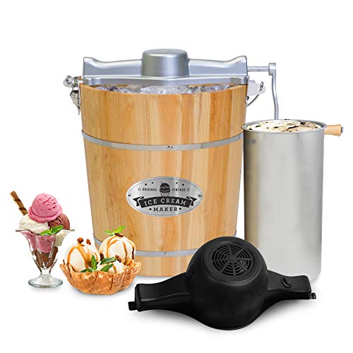 Elite Gourmet Gelatiera Elettrica Old Fashioned Con Secchio Vintage In Legno Degli Appalachi Da 4 Litri, Classica Manovella Pressofusa, Utilizza Zango