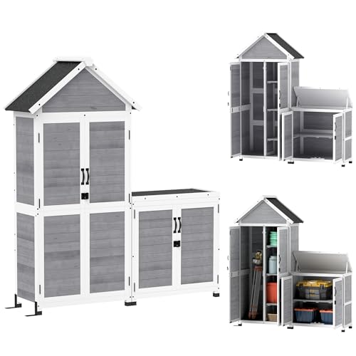 Outsunny Capanno Porta Attrezzi Da Giardino 0.32M² Con Armadietto E Ripiani Regolabili, Casetta Attrezzi Giardino In Legno Di Abete Con Base Rialzata