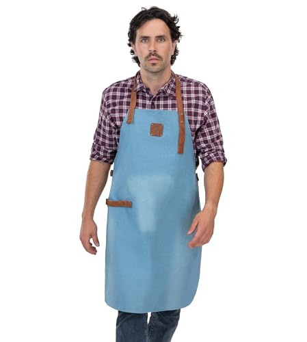 Angus Stoke Grembiule Da Barbecue E Da Cucina In Denim E Pelle – Grembiule Per Barbecue Con Cinturino In Pelle, Colore Blu