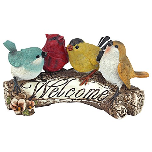 Design Toscano Cartello Di Benvenuto Con Uccelli Statua Con Uccelli Da Giardino, Poliresina, A Colori, 25,5 Cm