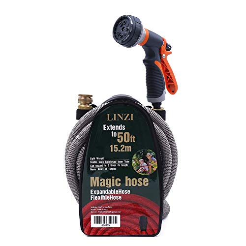 Linzi Expandable Garden Water Hose 15M 50Ft Magic Hose Double Latex Inner Hose Flexible No Kink + Brass Connectors + 8 Function Spray Gun + Hose Holde