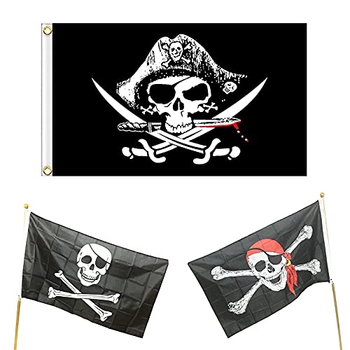 3 Bandiere Da Festa Dei Pirati, Bandiera Jolly Roger, Per Decorazione Di Halloween, Festa Dei Pirati, Cosplay Dei Pirati, 150 X 90 Cm (Nero)
