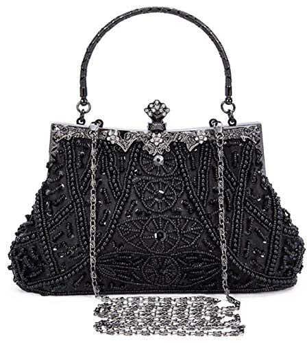 Selighting Pochette Elegante Nera Perle, Clutch Donna Cerimonia Borsetta Da Sera Vintage Borsa A Tracolla Catena Per Matrimonio Sposa Cocktail Festa (