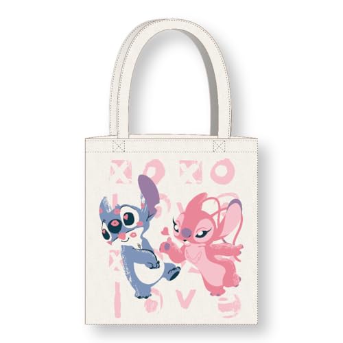 Cerdà Lilo E Stitch Borsa Tote Con Manici Lunghi - 36 X 39 Cm - Poliestere E Cotone - Motivo Stitch E Angel Love - Bianco