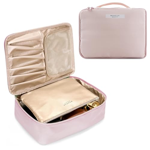 Barabum Travel Makeup Bag Cosmetic Bag Makeup Case Storage Organiser For Women & Girls,Toiletry Bag With Brushes Holder & Detachable Pouch (Pink)
