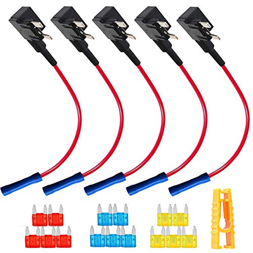 Qitindasen 5Pcs Premium 12V / 24V Small Add-A-Circuit Portafusibile, Lama Fusibile Tap Adattatore, Con Fusibile Estrattore, 5Pcs Fascette, 15Pcs Mini