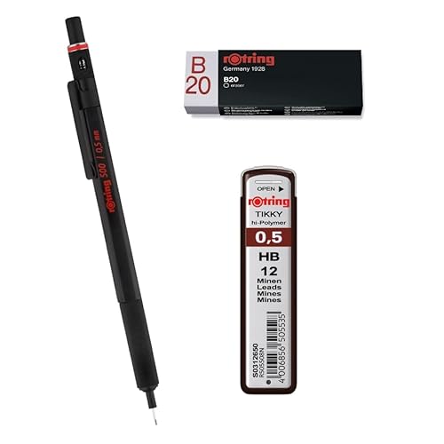Rotring 500 Matite Meccaniche Da 0,5 Mm, Fusto Nero, Mine Tikky, Hb – 0,5 Mm (12 Mine) | Gomma B20
