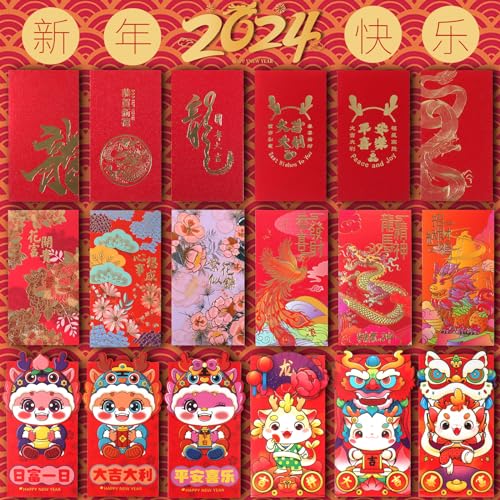 36 Pezzi Buste Rosse Cinesi, Capodanno Hong Bao Buste Rosse Con Motivi Cinesi Classici E Parole Di Benedizione Tasche Portafortuna Per La Festa Di Pri