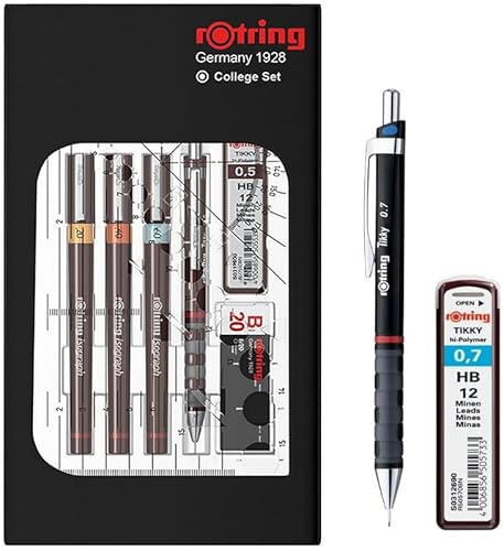 Rotring Isograph S0699390 - Set Di Penne A Punta Fine E Matite, 3 Penne Tecniche (0,20 Mm, 0,40 Mm, 0,60 Mm) E Portamine (0,5 Mm), Accessori, Set Con
