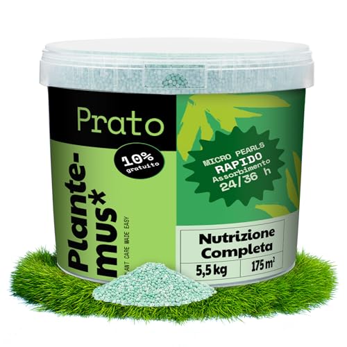 Plantemus Concime Prato Complete. Npk (12-11-18) + Micronutrienti, Verde, Denso E Durevole, Granulare In Perle Ultrasolubili, 5.5 Kg Copre 175 M²