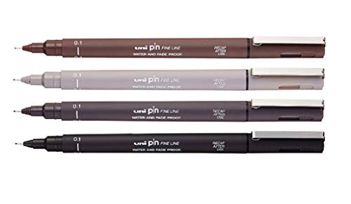 Uniball - Confezione Da 4 Fineliner Uni Pin - 0,1 Mm - Seppia, Grigio Chiaro, Grigio Scuro, Nero
