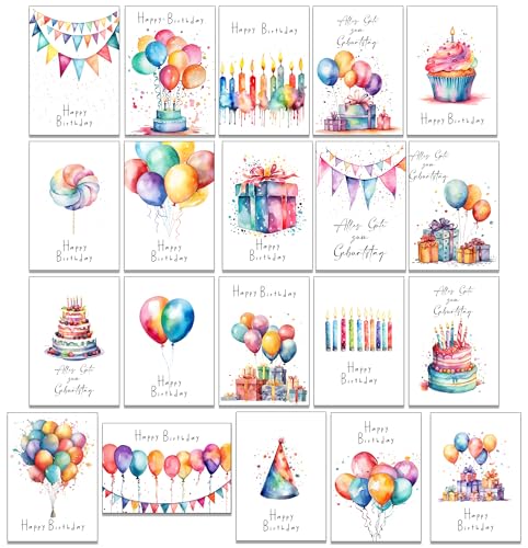 The Lazy Panda Card Company Set Di 20 Biglietti Di Compleanno Dipinti In Colori Ad Acqua Vivaci – Nessun Disegno Due Volte – Viene Fornito Con Buste I