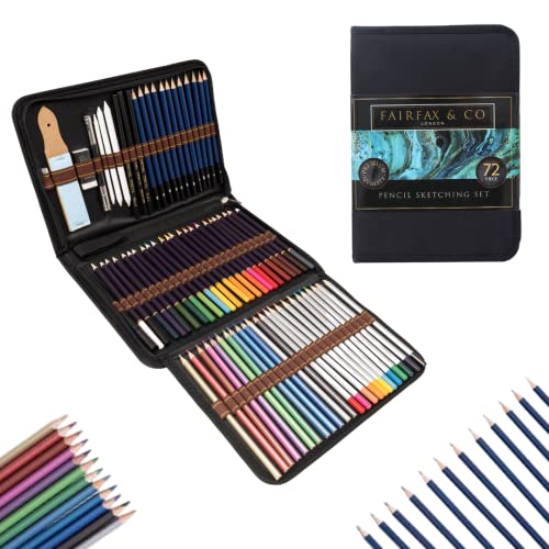 Hti Fairfax & Co - Set Di 72 Matite Da Disegno Con Custodia Portatile, Set Di Matite Da Disegno E Schizzi, Con Astuccio Per Ombreggiatura E Colorazion