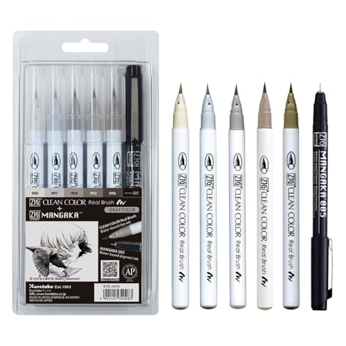 Kuretake Zig Inktober Special Set 6 Pezzi, Zig Clean Color Real Brush E Mangaka, Iktb-24/6V