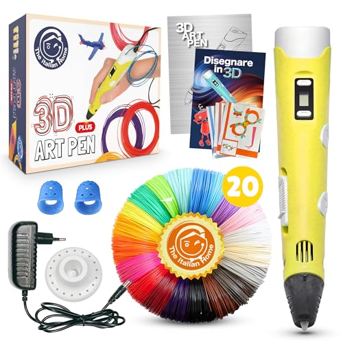 The Italian Home® Penna 3D Plus + Filamenti Pla 20 Colori (4 Fluoerescenti) + Istruzioni In Italiano E Guida Illustrata In Omaggio, Penna 3D Professio