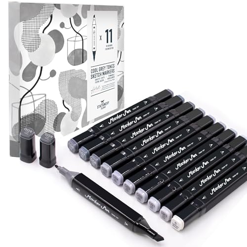 Stationery Island Set Di Sketch Marker Da 10+1 Grigio Freddo. Pennarelli Ad Alcool Doppia Punta E Sfumabile. Per Disegni, Grafici E Colorazioni Per Ad
