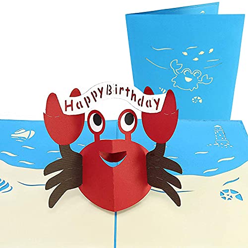 Poplife Cards Happy Red Crab 3D Pop-Up Biglietto Di Auguri Per Compleanni - Creature Marine, Amanti Dell'Oceano, Classico Giocattolo - Pieghe Piatte,