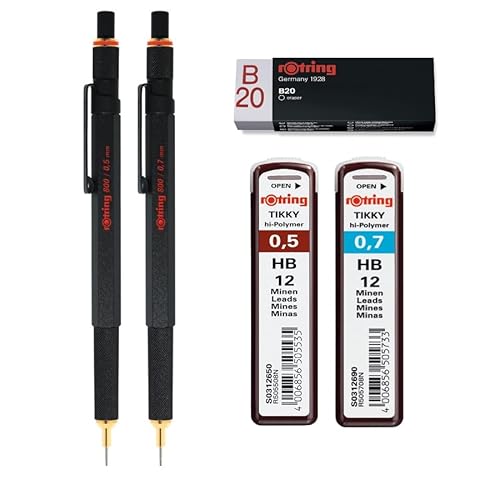 Rotring Portamine 800 | 0,5 Mm E 0,7 Mm, Nero | Set Di Mine Tikky, Hb - 0,5 Mm E 0,7 Mm | Gomma B20