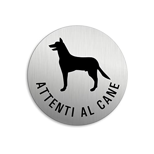 Targhetta Per Porta - Attenti Al Cane Targa Ø 75 Mm Alluminio Spazzolato Auto-Adhesiva