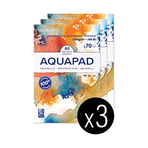 Clairefontaine 975720C Blocco Collato Goldline Aquapad - 70 Fogli Carta Aquarello Bianca Grana Medio-Fine A5 14,8X21 Cm 300G - Pacco Da 3 Taccuini