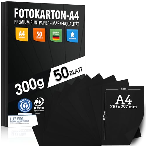 Cartoncino Fotografico Profi Nero 50 Fogli A4-300 G/M² Nero Profondo Intenso - Set Di Cartoncini Di Cartone Per Hobby, Bambini E Fogli Fai-Da-Te, Acce