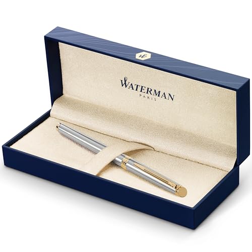 Waterman Hémisphère Penna Stilografica, In Acciaio Inossidabile Con Finiture In Oro 23 Carati, Pennino Medio Con Cartuccia Di Inchiostro Nero, Confezi