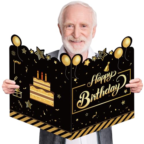 Biglietto Di Compleanno Grande, 63 X 40 Cm, Happy Birthday, Libro Degli Ospiti In Oro Nero, Per Compleanno, Per Uomini E Donne, Libro Degli Ospiti, Bi