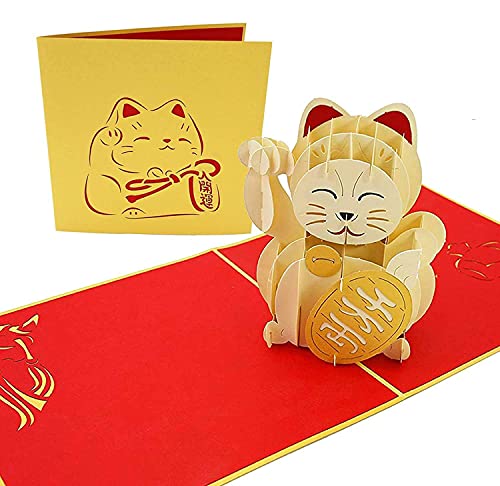 Poplife Cards Maneki-Neko Gatto Fortunato Biglietto D'Auguri Pop-Up Tradizionale Giapponese Ricchezza Decorazione, Accogliente Calicò Pieghe Piatto Pe