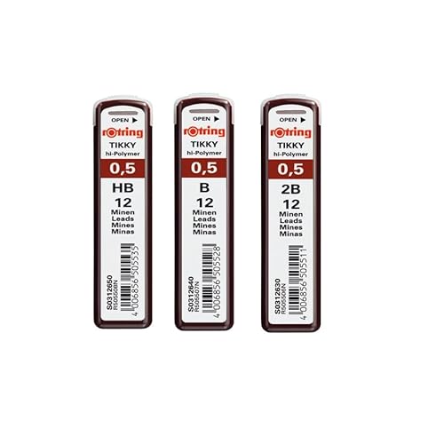 Rotring Ricariche Di Mine Ad Alto Polimero Per Matite Meccaniche Fini Da 0,50 Mm, Set Di B (12 Mine), Hb (12 Mine), 2B (12 Mine)