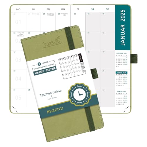 Bezend Calendario Mensile 2025/2026, Piccolo, 16,8 X 9,4 Cm, 1 Mese Su 2 Pagine, 96 Pagine, In Pelle Pu, Agenda Mensile Da Gennaio 2025 A Dicembre 202