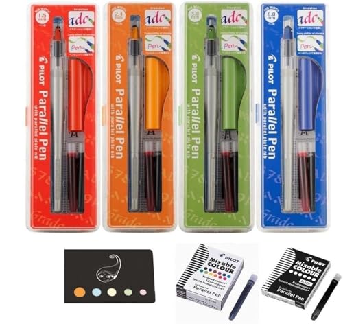 Pilot, Parallel Pen, Set Di 4 Confezioni: 1,5 Mm + 2,4 Mm + 3,8 Mm + 6 Mm + 12 Cartucce Di Inchiostro Di Colori Assortiti + 6 Cartucce Nere + 1 Righel