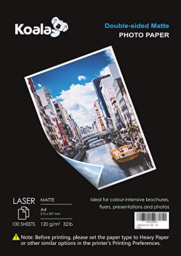 Koala Carta Fotografica Opaca Fronte-Retro Per Stampante Laser, A4, 120 G/M², 100 Fogli. Adatto Per La Stampa Di Foto, Brochure, Certificati, Opuscoli