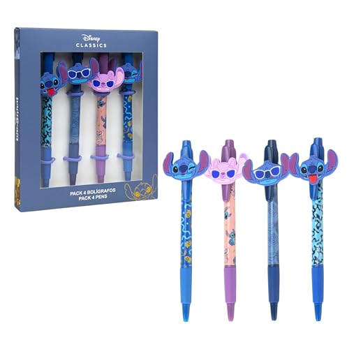 Disney Lilo E Stitch Penne, Confezione Da 4 Penne, Inchiostro Nero, Stitch E Angel 3D Design