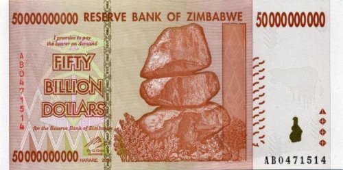 Banconota Dello Zimbabwe Da 50 Miliardi Di Dollari, Record Inflazione