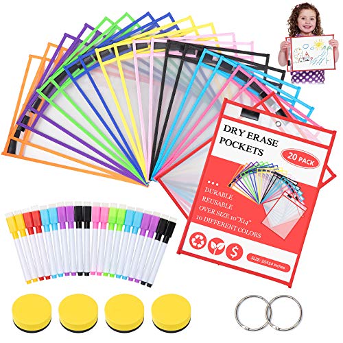 Buste Trasparenti,Wolintek 20 Pcs Resuable Dry Erase Pocket Riutilizzabile La Protezione Tasche Pulite Forniture Di Cartoleria, Con 20 Portapenne E 4