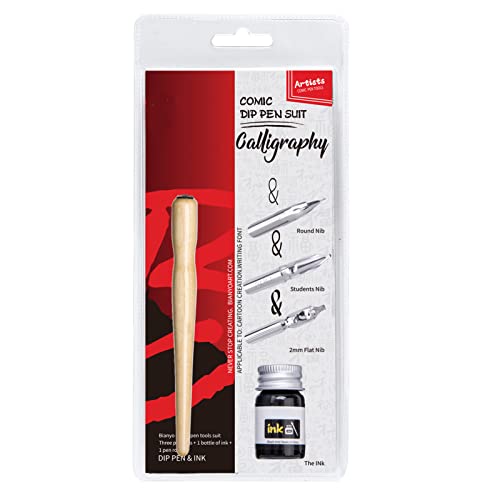 Vbestlife Set Penna Comic Pen Set 3 Pennini + 1 Supporto In Legno + 1 Inchiostro Calligrafia Disegno Forniture Artistiche Cancelleria Per Principiante