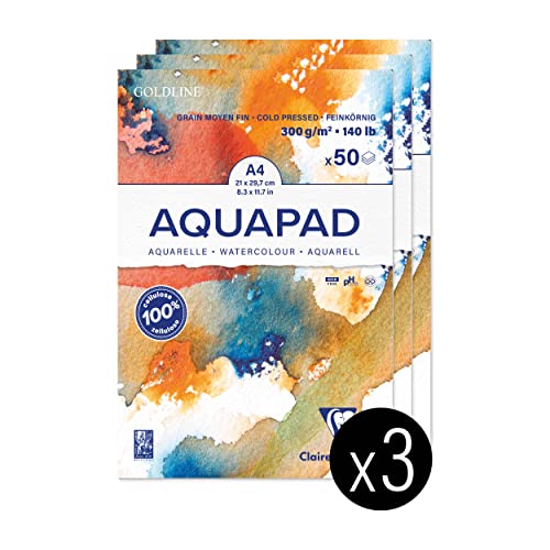 Clairefontaine 975721C Blocco Collato Goldline Aquapad - 50 Fogli Carta Acquerello Bianca Grana Medio-Fine A4 21X29,7 Cm 300G - Pacco Da 3 Taccuini