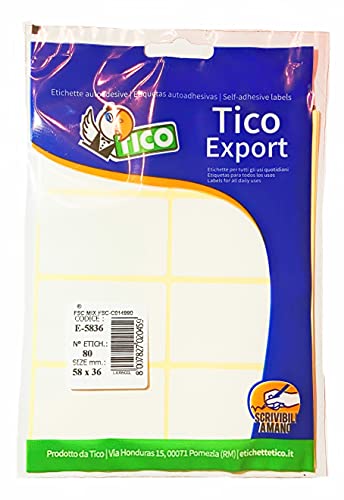 Tico Etichette Adesive Bianche In Bustina, 58X36Mm, 8 Etichette Per Foglio, Adesivo Permanente, Scrivibili A Mano, 10 Fogli