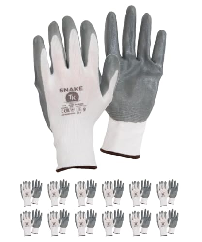 Tk Gloves Snake/Guanto Protettivo In Poliestere Rivestito In Nitrile/Dimensione 8, 12 Paia/Grigio Bianco/Guanti Di Montaggio/Guanti Da Lavoro/Guanto P