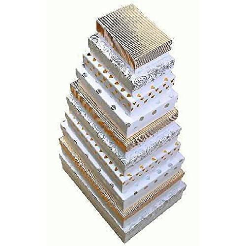 Set 10 Cajas De Cartón Forrado Estampado Blanco Y Oro