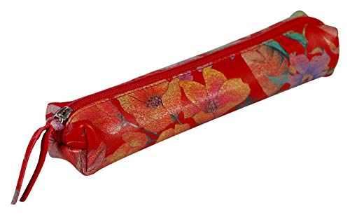 Clairefontaine 410100C - Astuccio Piccolo Slim Celeste 19,5X2,5X4 Cm In Vero Cuoio D'Agnello, Giardino Rosso