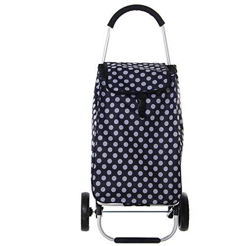 Drw Carrello Per La Spesa In Alluminio E Poliestere Nero Con Pois Bianchi 46 X 36 X 98 Cm, Borsa 36 X 26 X 57 Cm