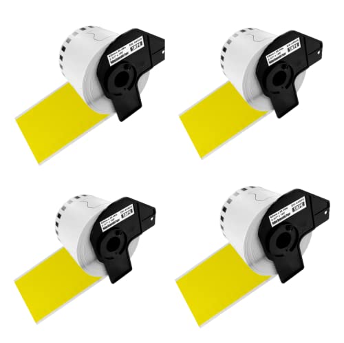 Cvt - Pack Of 4 Compatible Dk44605 (Dk-44605) Removable Labels - Width 62 Mm X 30 M - Black Text On Yellow Background - Compatible For Brother P-Touch