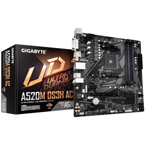 Gigabyte A520M Ds3H Ac Scheda Madre - Cpu Amd Ryzen Serie 5000, Vrm 5+3 Fasi, Fino A 4733 Mhz Ddr5 (Oc), 1Xpcie 3.0 M.2, Lan Gbe, Wifi 5, Usb 3.2 Gen
