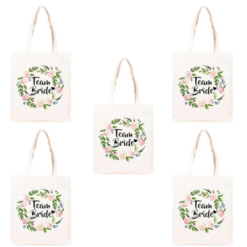 Trixes 5Pk Borsa Tote In Tela Floreale Team Bride – Accessori Essenziali Per Addio Al Nubilato E Addio Al Nubilato – 100% Cotone – 26 Cm X 33 Cm