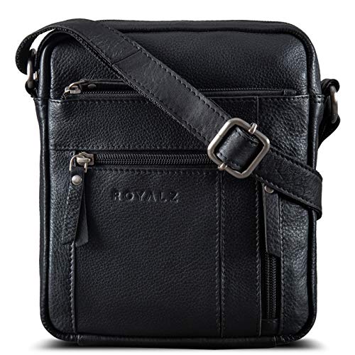 Royalz 'Dallas' Borsello Uomo Tracolla Pelle Piccolo Borsa Vero Cuoio Borsa A Tracolla Vintage Stil, Colore:Nero