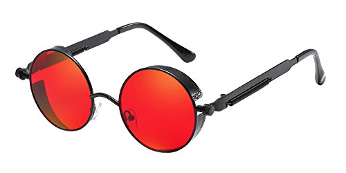 Bozevon Occhiali Da Sole Rotondi Punk - Occhiali Da Sole Retrò Da Ciclismo In Metallo Classico Per Donna E Uomo Nero-Rosso