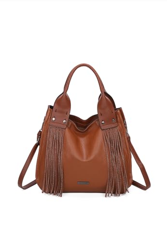 Queen Helena Borsa Grande A Spalla Con Frange Con Tracolla Rimovibile Casual Donna M9016 (Marrone)